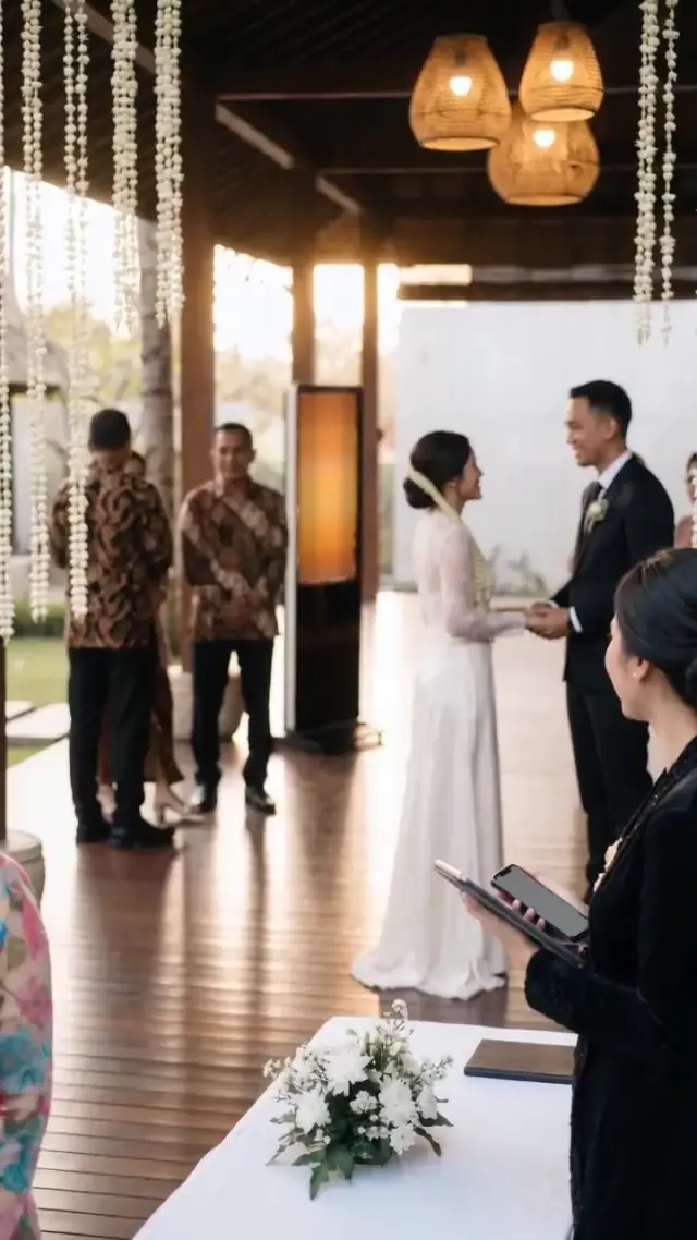 Pengantin bergandengan tangan di paviliun kayu berhias ronce melati, keluarga berbatik di belakang.