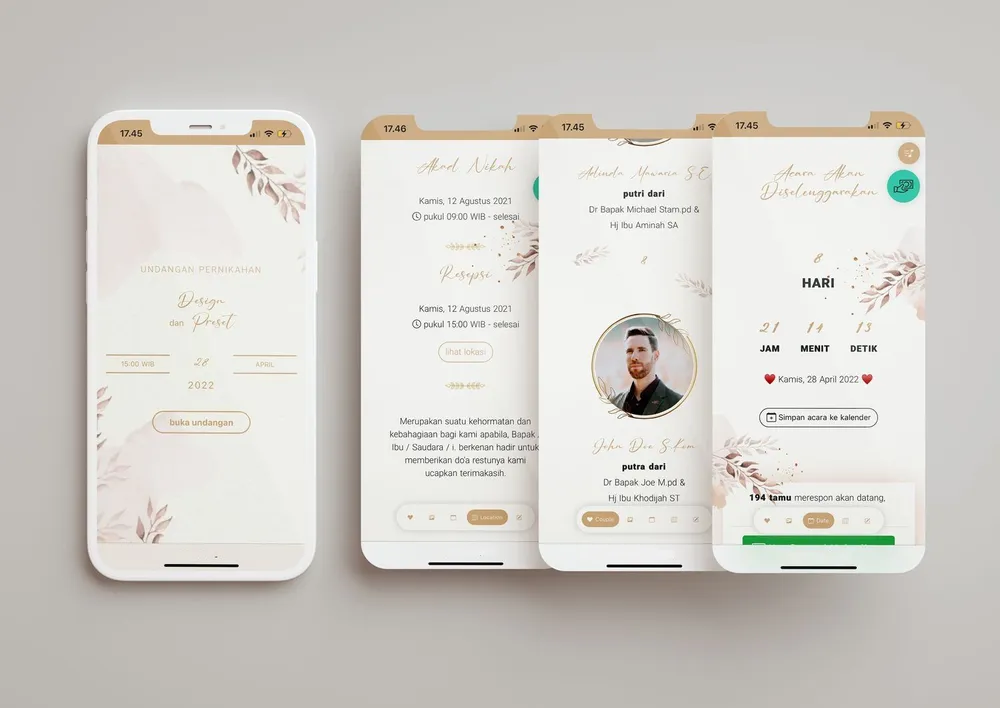 Tampilan desain undangan Elegant Leaves di beberapa layar ponsel