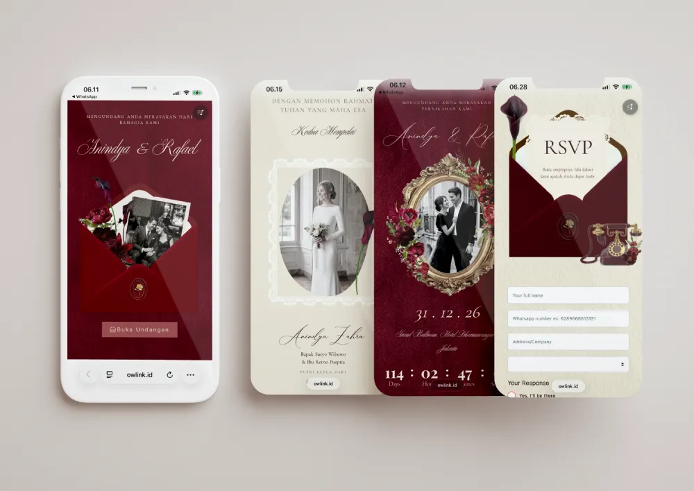 Tampilan desain undangan Burgundy Vintage di beberapa layar ponsel