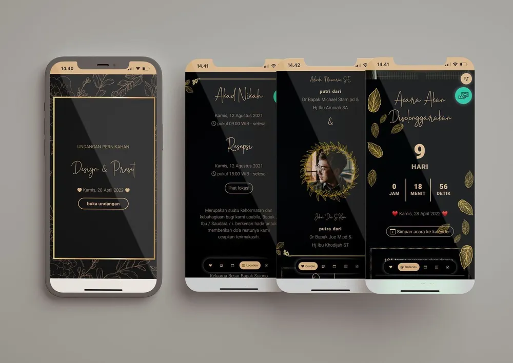 Tampilan desain undangan Black & gold di beberapa layar ponsel