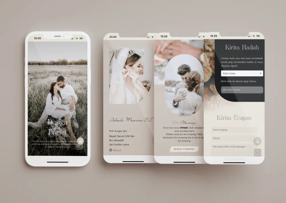 Tampilan desain undangan Romantic Delight di beberapa layar ponsel