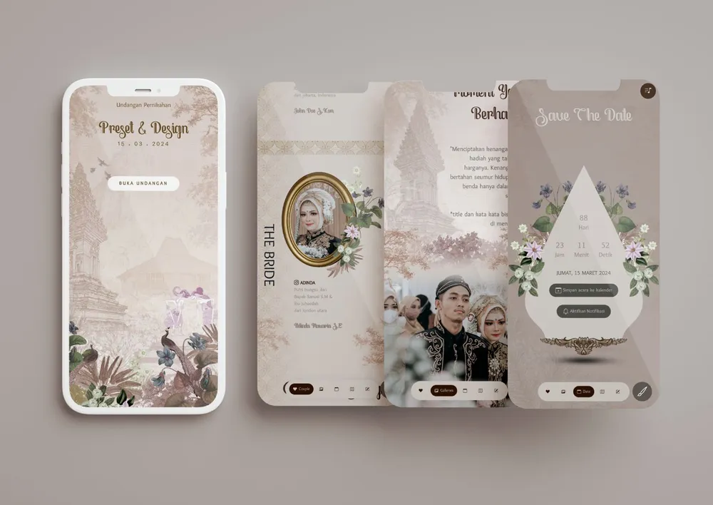 Tampilan desain undangan Traditional Java di beberapa layar ponsel