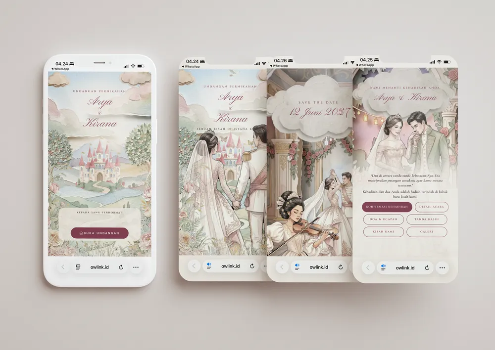 Tampilan desain undangan Istana Kertas di beberapa layar ponsel