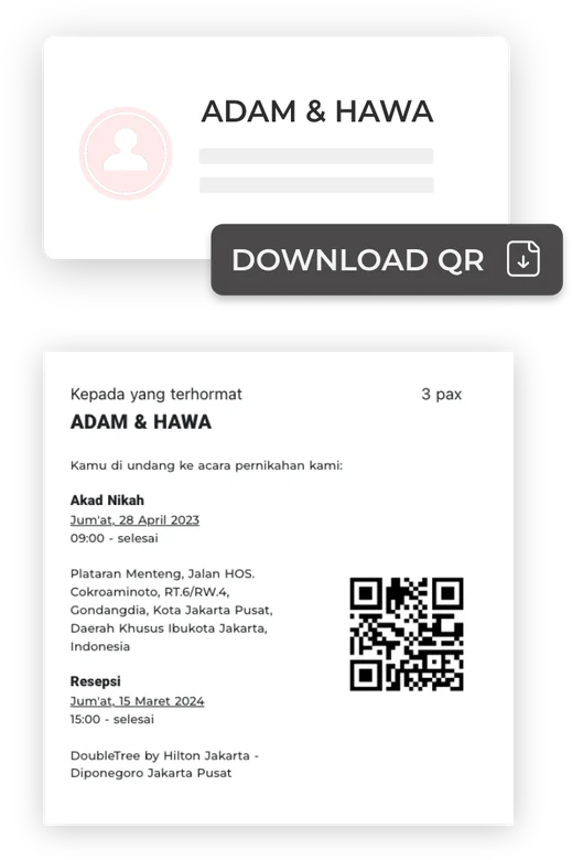 Tombol unduh QR dan kartu undangan cetak berisi nama tamu, jumlah orang, jadwal akad dan resepsi, serta QR code.