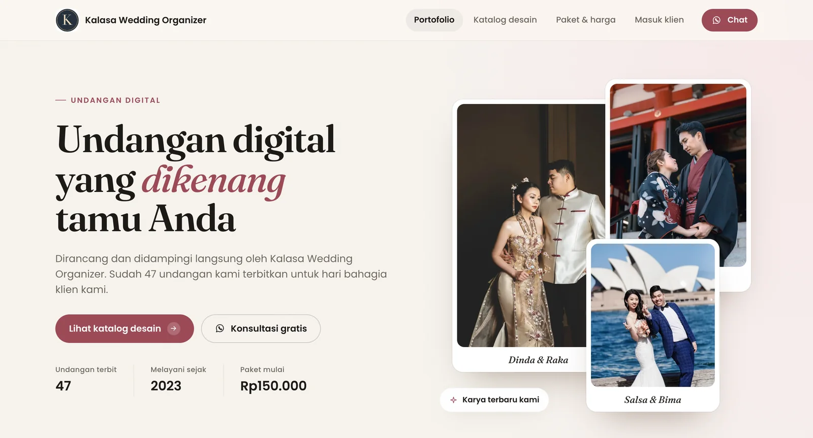 Etalase Kalasa Wedding Organizer di kalasawedding.id: logo usaha, judul Undangan digital yang dikenang tamu Anda, tombol katalog dan WhatsApp, paket mulai Rp150.000, dan foto pasangan dari portofolio.